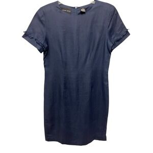 August Silk Linen Summer Navy Blue Classic Career Sheath Short Sleeve Dress 12